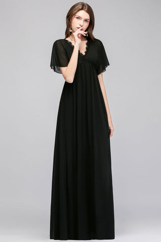 Vestido largo de dama de honor de gasa negra con escote en V y mangas cortas