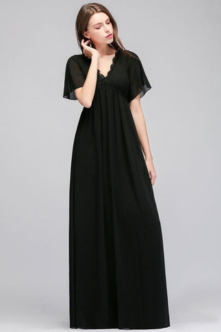 Vestido largo de dama de honor de gasa negra con escote en V y mangas cortas