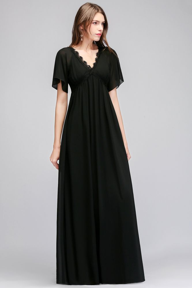 A-line V-neck Short Sleeves Long Black Chiffon Bridesmaid Dress