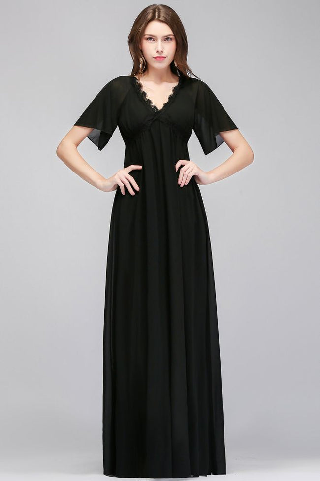 A-line V-neck Short Sleeves Long Black Chiffon Bridesmaid Dress Hover Image