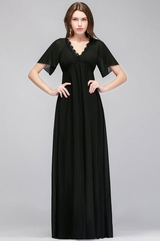 Vestido largo de dama de honor de gasa negra con escote en V y mangas cortas