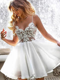 A-line V Neck Short White Lace Prom Dresses Chiffon Formal Graduation Homecoming Gowns by BIZTUNNEL