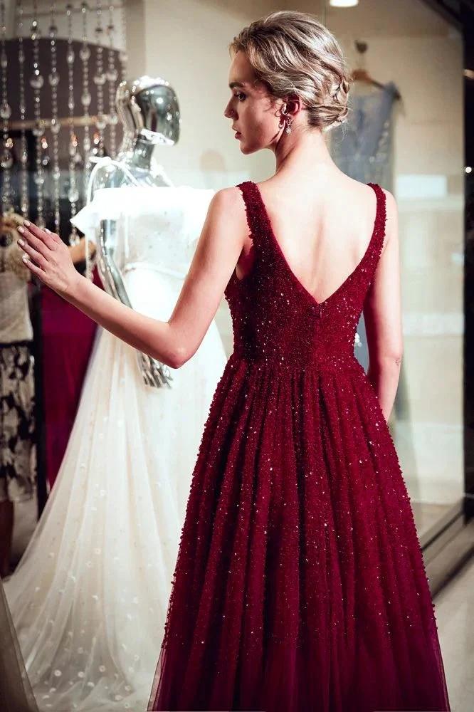 A-line V-neck Sleeveless Burgundy Sequins Tulle Evening Dress by misshow.com
