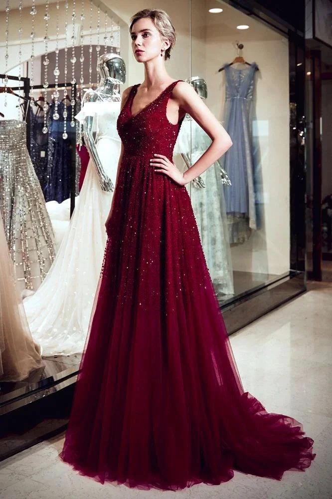A-line V-neck Sleeveless Burgundy Sequins Tulle Evening Dress by misshow.com