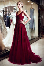 A-line V-neck Sleeveless Burgundy Sequins Tulle Evening Dress by misshow.com