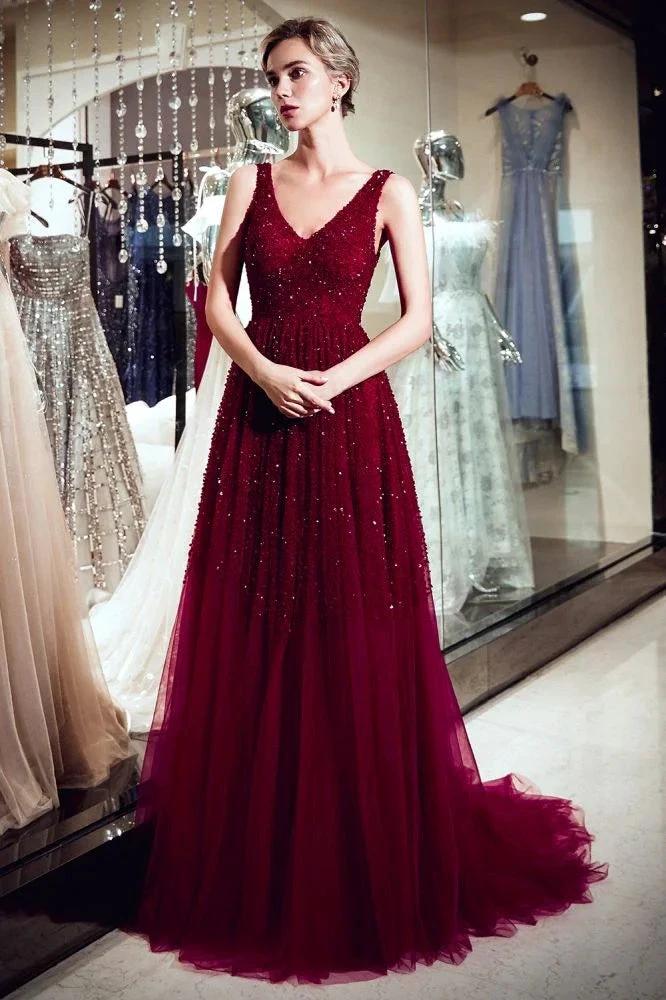 A-line V-neck Sleeveless Burgundy Sequins Tulle Evening Dress by misshow.com