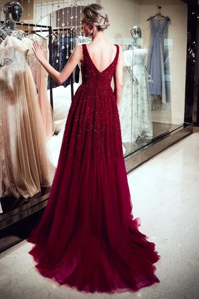 A-line V-neck Sleeveless Burgundy Sequins Tulle Evening Dress by misshow.com