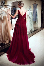 A-line V-neck Sleeveless Burgundy Sequins Tulle Evening Dress by misshow.com
