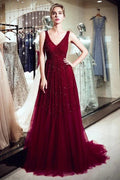 A-line V-neck Sleeveless Burgundy Sequins Tulle Evening Dress by misshow.com