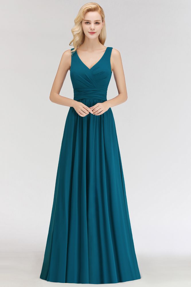 A-line V-neck Sleeveless Ruffles Chiffon Bridesmaid Dress
