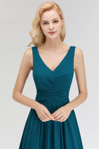 A-line V-neck Sleeveless Ruffles Chiffon Bridesmaid Dress