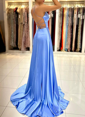 Schlichtes langes ärmelloses A-Linien-Ballkleid aus Satin mit V-Ausschnitt und Schlitz