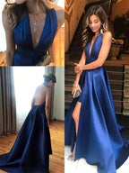 A-Line V-neck Sleeveless With Ruffles Satin Prom Dresses by misshow.com