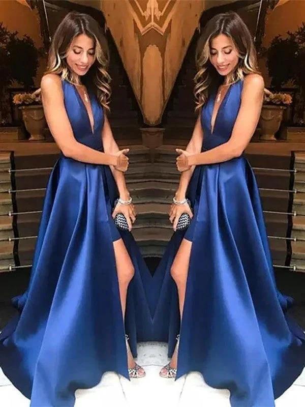 A-Line V-neck Sleeveless With Ruffles Satin Prom Dresses by misshow.com