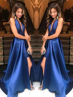 A-Line V-neck Sleeveless With Ruffles Satin Prom Dresses by misshow.com