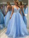 A-line V-neck Spaghetti Straps Backless Long Sequins Prom Dress by BIZTUNNEL