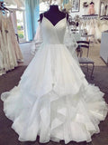 A-line V Neck Spaghetti Straps Puffy White Long Wedding Dresses by BIZTUNNEL