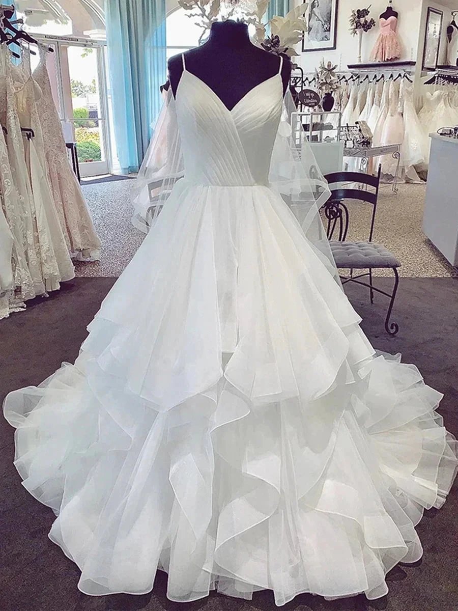 A-line V Neck Spaghetti Straps Puffy White Long Wedding Dresses by BIZTUNNEL