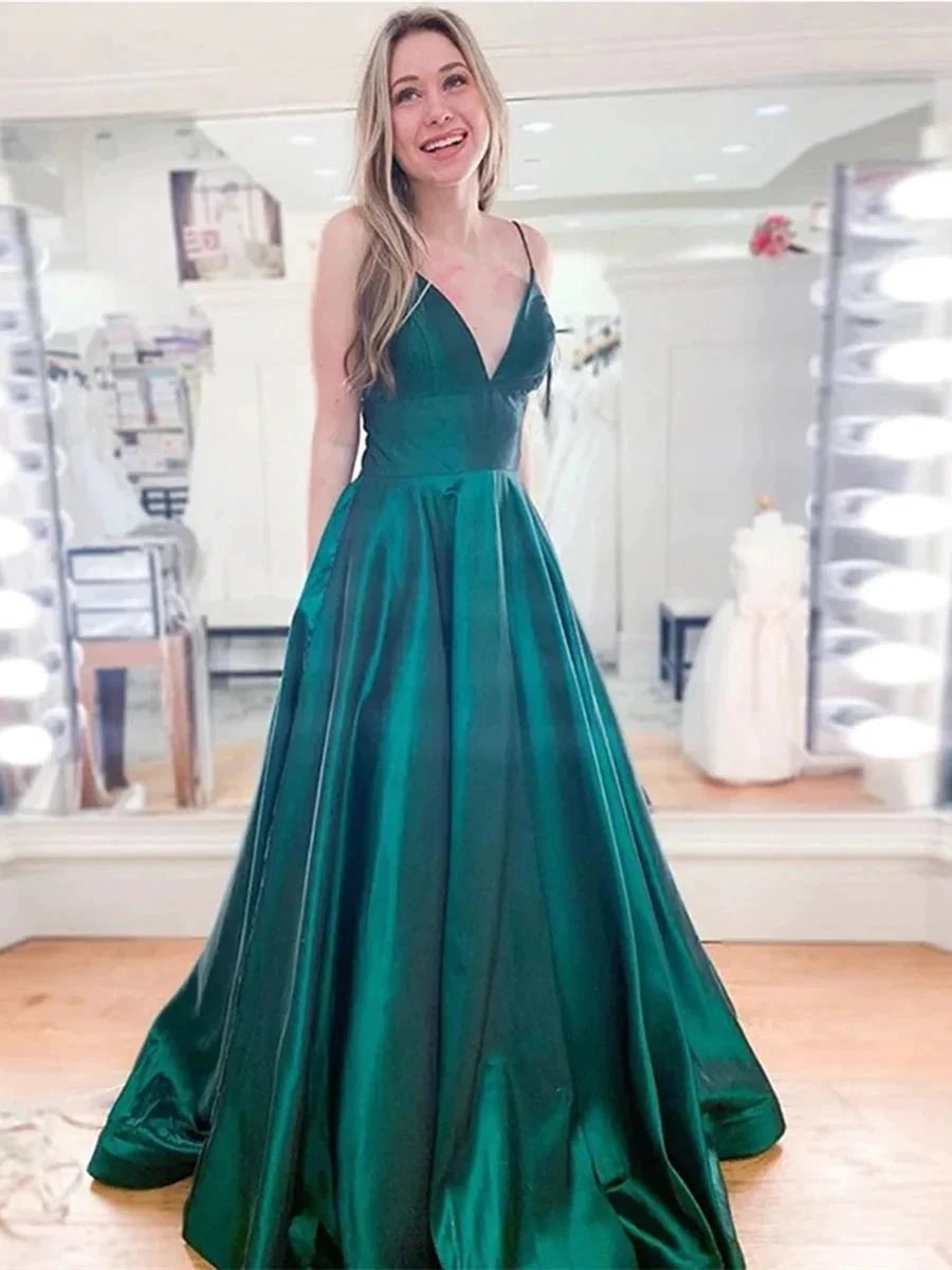 A Line V Neck Spaghetti Straps Satin Long Prom Formal Evening Dresses by BIZTUNNEL