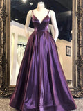 A-line V Neck Spaghetti Straps Satin Long Prom Formal Graduation Evening Dresses by BIZTUNNEL