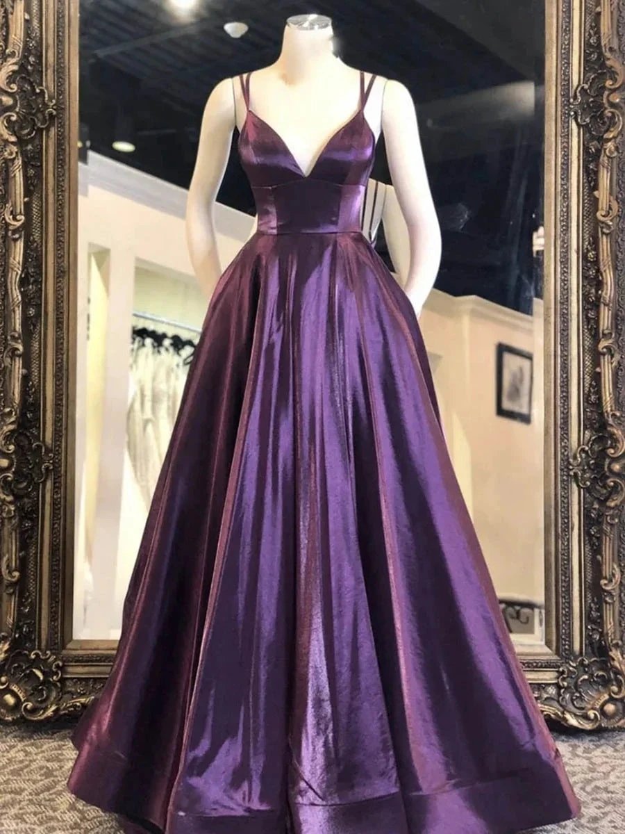 A-line V Neck Spaghetti Straps Satin Long Prom Formal Graduation Evening Dresses by BIZTUNNEL