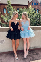 A-line V-neck Spaghetti Straps Sleeveless Tulle Homecoming Dresses