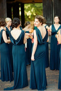 A-Line V-Neck Sweep Train Backless Navy Blue Bridesmaid Dress BD081 by pgmdress