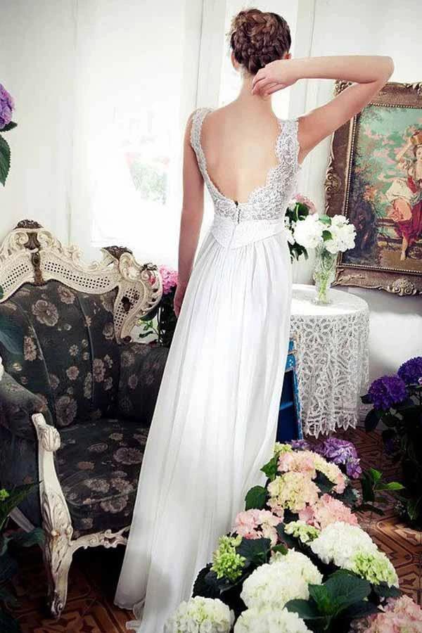 A-Line V-Neck Sweep Train Chiffon Beach Wedding Dress with Lace WD262 by pgmdress