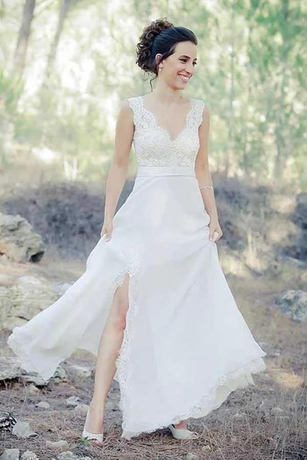 A-Line V-Neck Sweep Train Chiffon Beach Wedding Dress with Lace WD262 by pgmdress