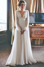 A-Line V-Neck Sweep Train Chiffon Beach Wedding Dress with Sleeves WD389 by pgmdress