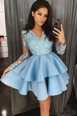 A-Line V-Neck Tiered Blue Satin Homecoming Dress with Appliques PD023