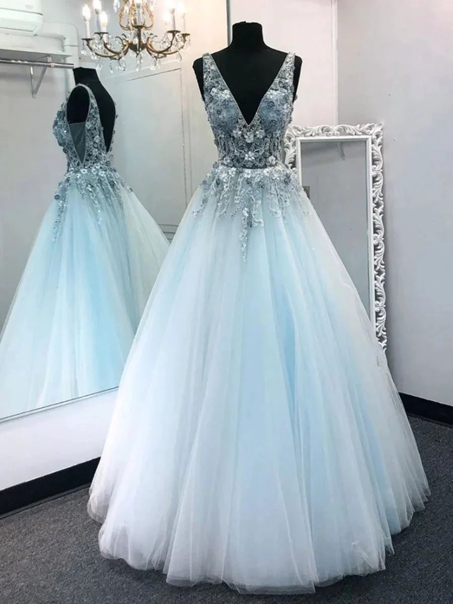 A-line V Neck Tulle Floral Lace Appliques Long Backless Prom Dresses by BIZTUNNEL