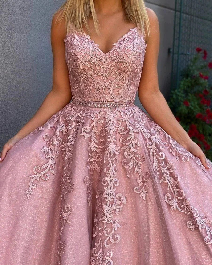 A Line V Neck Tulle Lace Appliques Long Formal Prom Dresses with Belt by BIZTUNNEL
