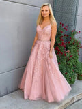 A Line V Neck Tulle Lace Appliques Long Formal Prom Dresses with Belt by BIZTUNNEL