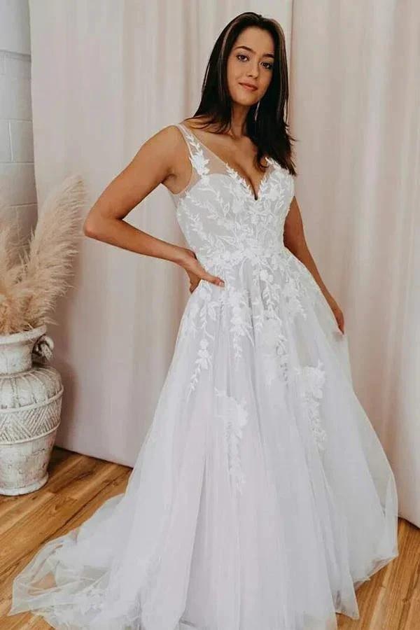 A-line V Neck Tulle Lace Appliques Romantic Wedding Dress Bridal Gown WD480 by pgmdress