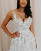 A-line V Neck Tulle Lace Appliques Romantic Wedding Dress Bridal Gown WD480 by pgmdress