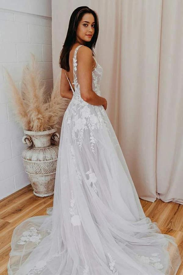 A-line V Neck Tulle Lace Appliques Romantic Wedding Dress Bridal Gown WD480 by pgmdress