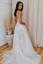 A-line V Neck Tulle Lace Appliques Romantic Wedding Dress Bridal Gown WD480 by pgmdress