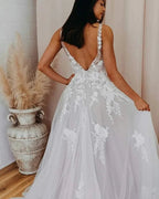 A-line V Neck Tulle Lace Appliques Romantic Wedding Dress Bridal Gown WD480 by pgmdress