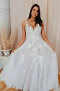 A-line V Neck Tulle Lace Appliques Romantic Wedding Dress Bridal Gown WD480 by pgmdress