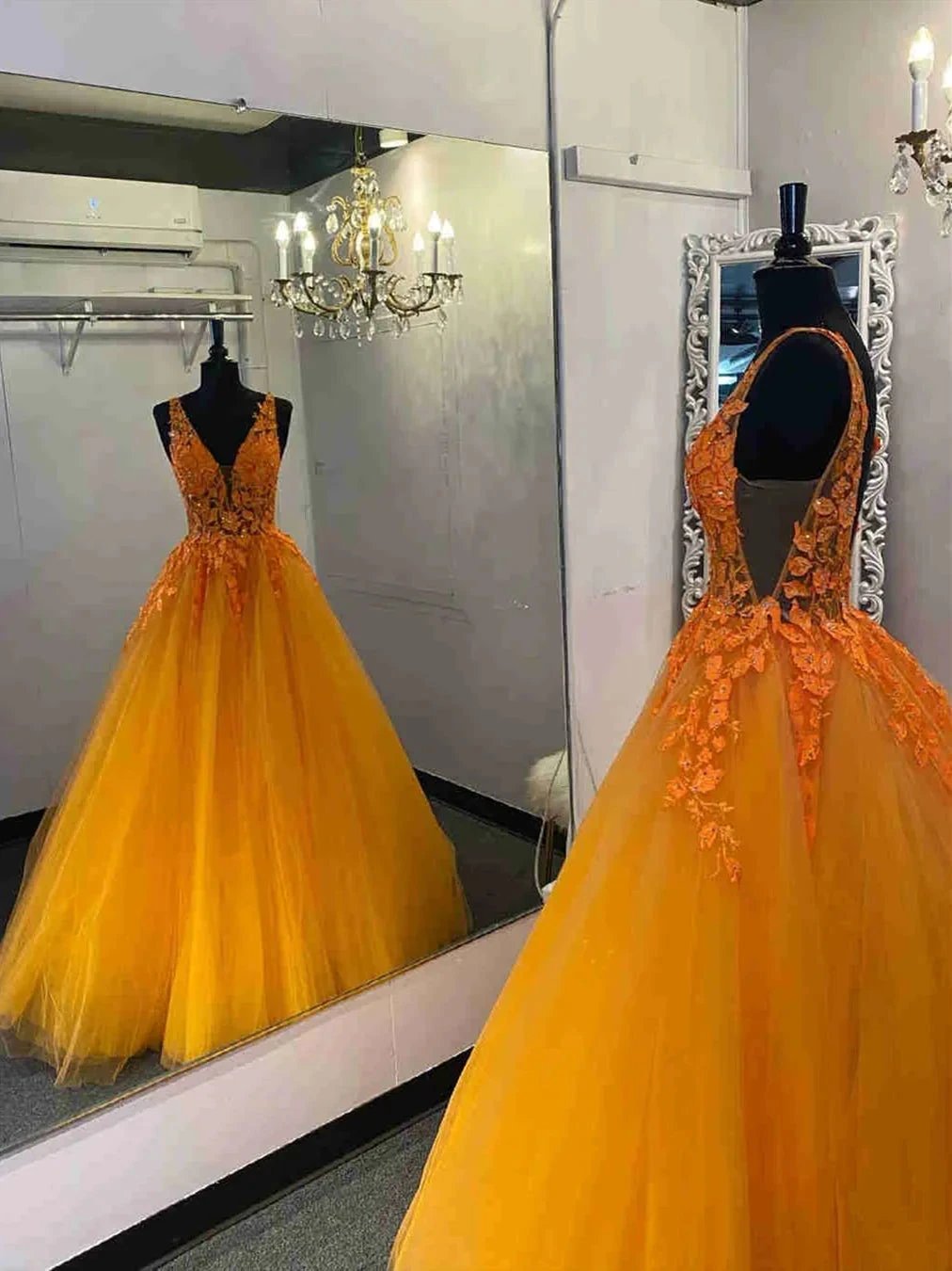 A-line V-neck Tulle Lace Backless Formal Prom Dresses Long Graduation Dress by BIZTUNNEL