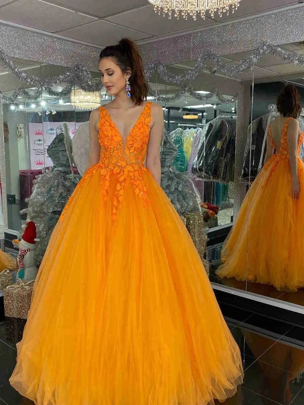 A-line V-neck Tulle Lace Backless Formal Prom Dresses Long Graduation Dress by BIZTUNNEL