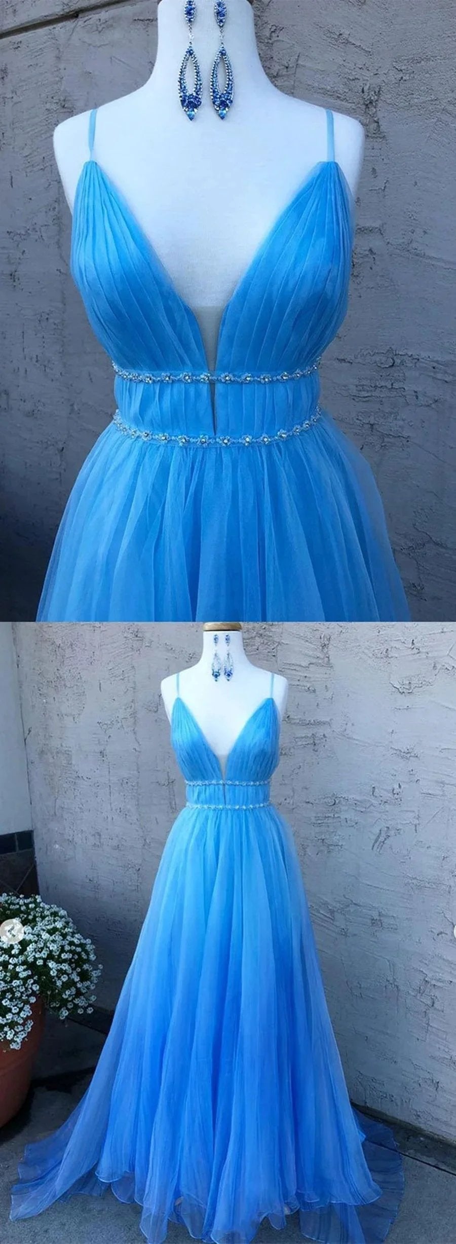 A Line V Neck Tulle Long Prom Dresses with Thin Belt Blue Formal Evening Gowns by BIZTUNNEL