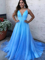 A Line V Neck Tulle Long Prom Dresses with Thin Belt Blue Formal Evening Gowns by BIZTUNNEL