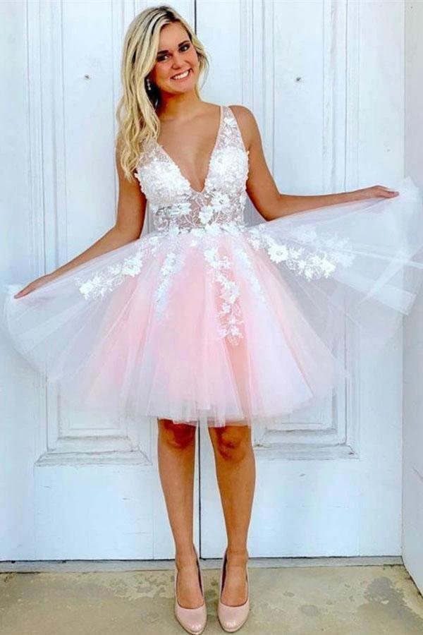 A-line V Neck Tulle Short Pink and White Homecoming Dress Short Prom Dress PD350 by pgmdress
