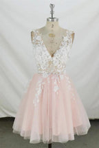 A-line V Neck Tulle Short Pink and White Homecoming Dress Short Prom Dress PD350 by pgmdress