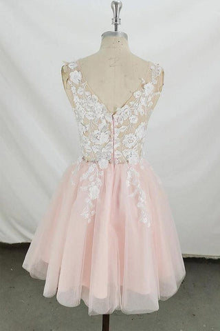 A-line V Neck Tulle Short Pink and White Homecoming Dress Short Prom Dress PD350