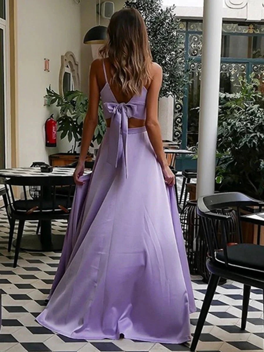 A Line V Neck Two Pieces Long Formal Evening Prom Dresses with High Slit by BIZTUNNEL
