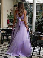 A Line V Neck Two Pieces Long Formal Evening Prom Dresses with High Slit by BIZTUNNEL
