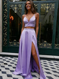 A Line V Neck Two Pieces Long Formal Evening Prom Dresses with High Slit by BIZTUNNEL